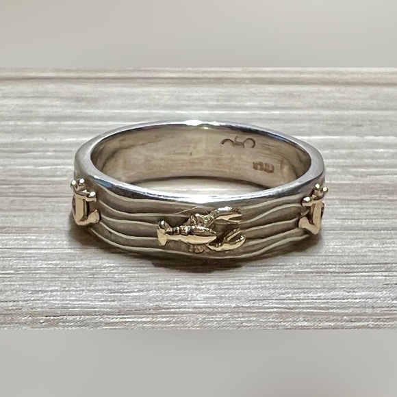 Handmade Sterling Silver & 14K Gold Nautical Anchor & Lobster Band Ring, Size 7 - Picture 5 of 9